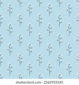 Hand drawn sweet small white flowers and leaves on baby blue background seamless pattern