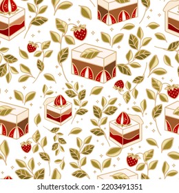 Hand drawn sweet strawberry cake and pastry vector seamless pattern illustration with leaf branch and floral elements