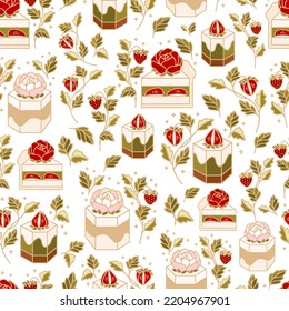 Hand drawn sweet strawberry cake and pastry vector seamless pattern illustration with leaf branch, peony flower and rose floral elements