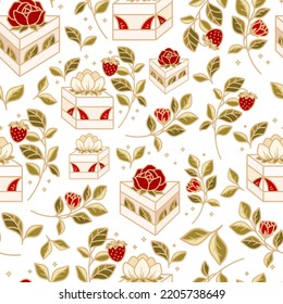 Hand drawn sweet strawberry cake and pastry vector seamless pattern illustration with leaf branch, peony flower and rose floral elements