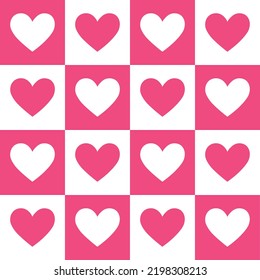 Hand drawn sweetest heart red color seamless pattern on pink checkerboard bankground.