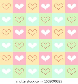 Hand drawn sweetest white color heart seamless pattern on colorful checkerboard bankground.Desing for element of valentine day ,Wedding card ,Print ,Wrapping paper ,Handkerchief ,Love ,Screen tile.