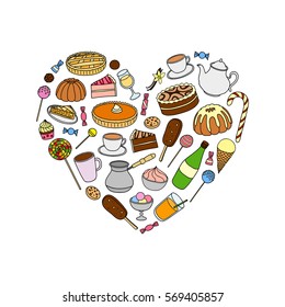 Hand drawn sweets, cakes, ice cream, pies, coffee, tea composed in heart shape.
