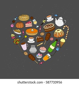 Hand drawn sweets, cakes, ice cream, pies, coffee, tea composed in heart shape.