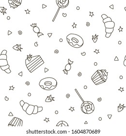 Hand drawn sweets and candies pattern. Vector doodles. Isolated food on white background. Seamless texture. Cupcake, cake, donut, etc. Black and white.