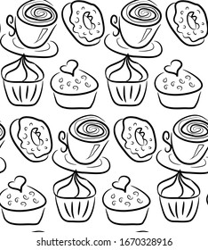 Hand drawn sweets and candies pattern. doodles. Isolated food on white background. Seamless texture. Ice cream, cake, donut, etc. Black and white.