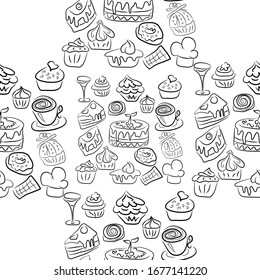 Hand drawn sweets and candies pattern. doodles. Isolated food on white background. Seamless texture. Ice cream, cake, donut, etc. Black and white.