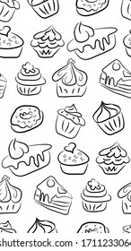 Hand drawn sweets and candies pattern. doodles. Isolated food on white background. Seamless texture. Ice cream, cake, donut, etc. Black and white.