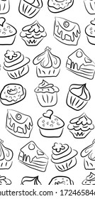 Patrón de dulces y caramelos dibujados a mano. garabatos. Comida aislada de fondo blanco. Textura sin inconvenientes. Helados, tartas, donut, etc. Negro y blanco.