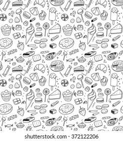 Hand drawn sweets and candies pattern. Vector doodles. Isolated food on white background. Seamless texture. Ice cream, cake, donut, etc. Black and white.