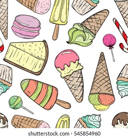 Hand drawn sweets and candies pattern. doodles. Isolated food on white background. Seamless texture. Ice cream, cake, donut, etc. 