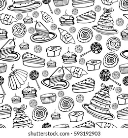 Hand drawn sweets and candies pattern. Vector doodles. Seamless texture. Black and white.