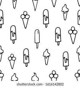 Hand drawn sweets and candies seamless pattern. Vector doodles. Isolated food on white background. Ice cream, cake, sweet, cherry, donut, etc. Black and white. Hand drawn lettering