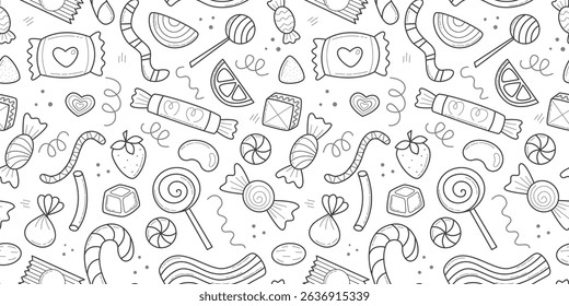 Hand drawn sweets and candies seamless pattern. White background with candies and lollipops, doodle sketch style. Sweet treat print, vector graphic