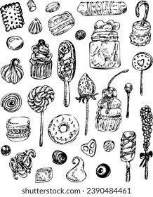 Hand drawn sweets and candies set. Ice cream, cake, donut, etc. Vector doodles. Isolated food on white background.
