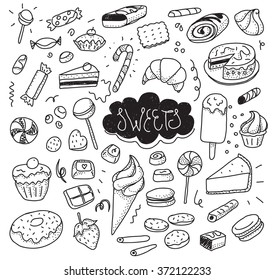 Hand drawn sweets and candies set. Ice cream, cake, donut, etc. Vector doodles. Isolated food on white background. Black and white.
