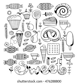 Hand drawn sweets and candies set. Monochrome Vector illustration.
