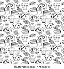 Hand drawn sweets and candies set. Monochrome Vector Seamless Pattern.