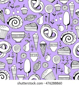 Hand drawn sweets and candies set. Monochrome Vector Seamless Pattern.