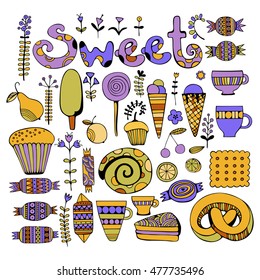 Hand drawn sweets and candies set. Colorful Vector illustration.
