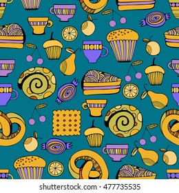 Hand drawn sweets and candies set. Colorful Vector Seamless Pattern.
