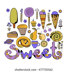 Hand drawn sweets and candies set. Colorful Vector illustration.
