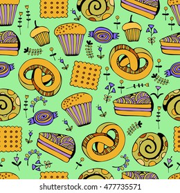 Hand drawn sweets and candies set. Colorful Vector Seamless Pattern.
