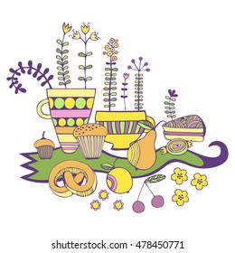 Hand drawn sweets and candies set. Colorful Vector illustration.
