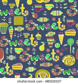 Hand drawn sweets and candies set. Colorful Vector Seamless Pattern.