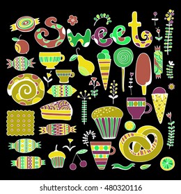 Hand drawn sweets and candies set. Colorful Vector illustration.