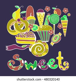 Hand drawn sweets and candies set. Colorful Vector illustration.