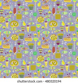 Hand drawn sweets and candies set. Colorful Vector Seamless Pattern.