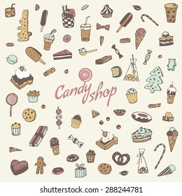 Hand drawn sweets, candy, cakes, lollipop, sweetmeats, gingerbread, ice cream. Vintage elements for confectionery, sweet-shop, pastry-shop.