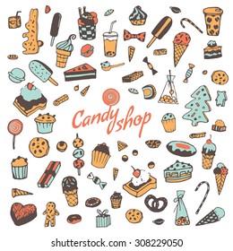 Hand drawn sweets, candy, cakes, lollipop, sweetmeats, gingerbread, ice cream. Vintage elements for confectionery, sweet-shop, pastry-shop.