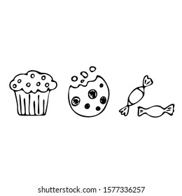 Hand drawn sweets, candy, cupcake and cookie. Vector illustration. Simple elements for design.