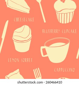 Hand drawn sweets and cappuccino vector seamless pattern. Perfect for kitchen and cafe packaging, fabric, paper and other stuff 