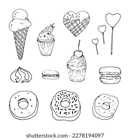 Hand drawn sweets collection. Ice cream, cupcake, candy, donut, macaroon, macaron doodle sketch style. Set of various elements doodles. Vector illustration isolated on white background.