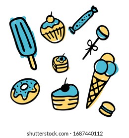 Hand drawn sweets doodle elements set with candies, cupcakes, cookies, chocolates, lollipops and macaroons