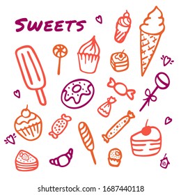 Hand drawn sweets doodle elements set with candies, cupcakes, cookies, chocolates, lollipops and macaroons