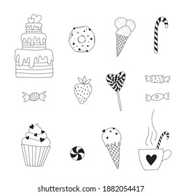 Hand drawn sweets doodle elements set with candies, cupcakes, cookies, cakes, lollipops and donuts. Vector illustration isolated on white background