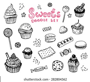 Hand drawn sweets doodle elements set with candies, cupcakes, cookies, chocolates, lollipops and jellyes