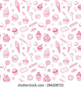 Hand drawn sweets doodle seamless pattern with candies, cupcakes, cookies, chocolates, lollipops and jellyes