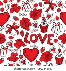 Hand drawn sweets and gifts for Valentine's Day on white background. Vector seamless pattern 