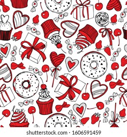 Hand drawn sweets and pastries for Valentine's Day on white background. Vector seamless pattern 