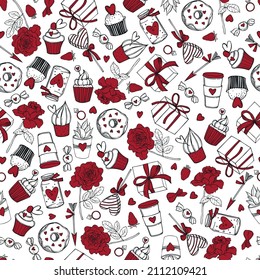 Hand drawn sweets and pastries for Valentine's Day on white background. Vector seamless pattern 