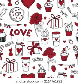 Hand drawn sweets and pastries for Valentine's Day on white background. Vector seamless pattern 