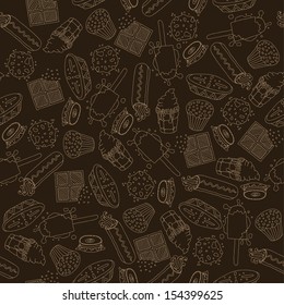 Hand drawn sweets - seamless pattern, ribbon, outlined and colored