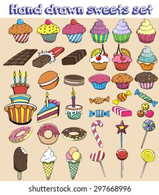 Hand drawn sweets set. Candy, sweets, lollipop, cake, cupcake, donut, macaroon, ice cream, jelly.