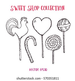 Hand drawn sweets: sketch of 5 lollipops. Hand made sweets. Vector stock illustration. Sweet shop collection.
