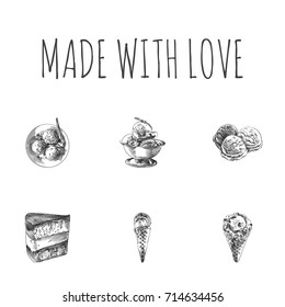 Hand Drawn Sweets Sketches Set. Collection Of Dessert, Chocolate, Cake And Other Sketch Elements.